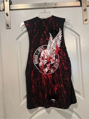 The Drive Winged Skull & Red Paint Splatter Black Distressed Graphic Muscle Tee